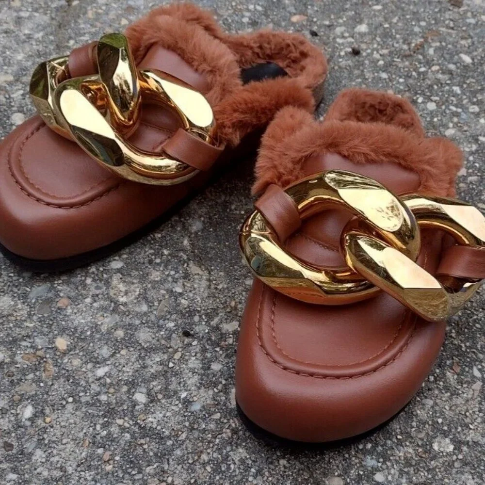 JW Anderson Leather Loafer Shearling Lined Gold Chain Brown Italy  NWOT - Picture 11 of 12